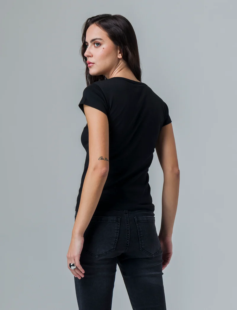T-shirt basica scollo a v da donna - Nero