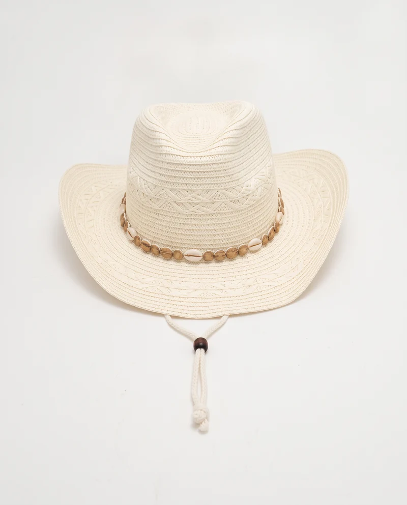 Cappello donna cowboy paglia con conchigliette - Bianco