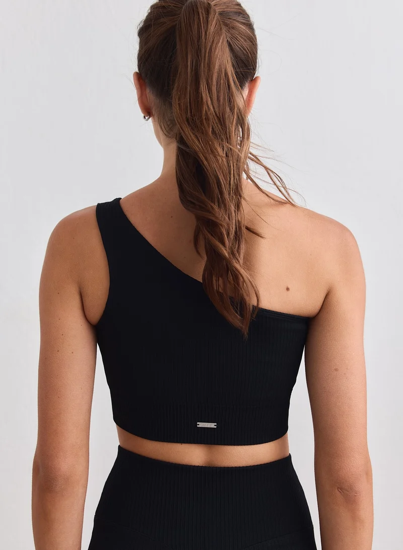 Black Ribbed Seamless One Shoulder Bra