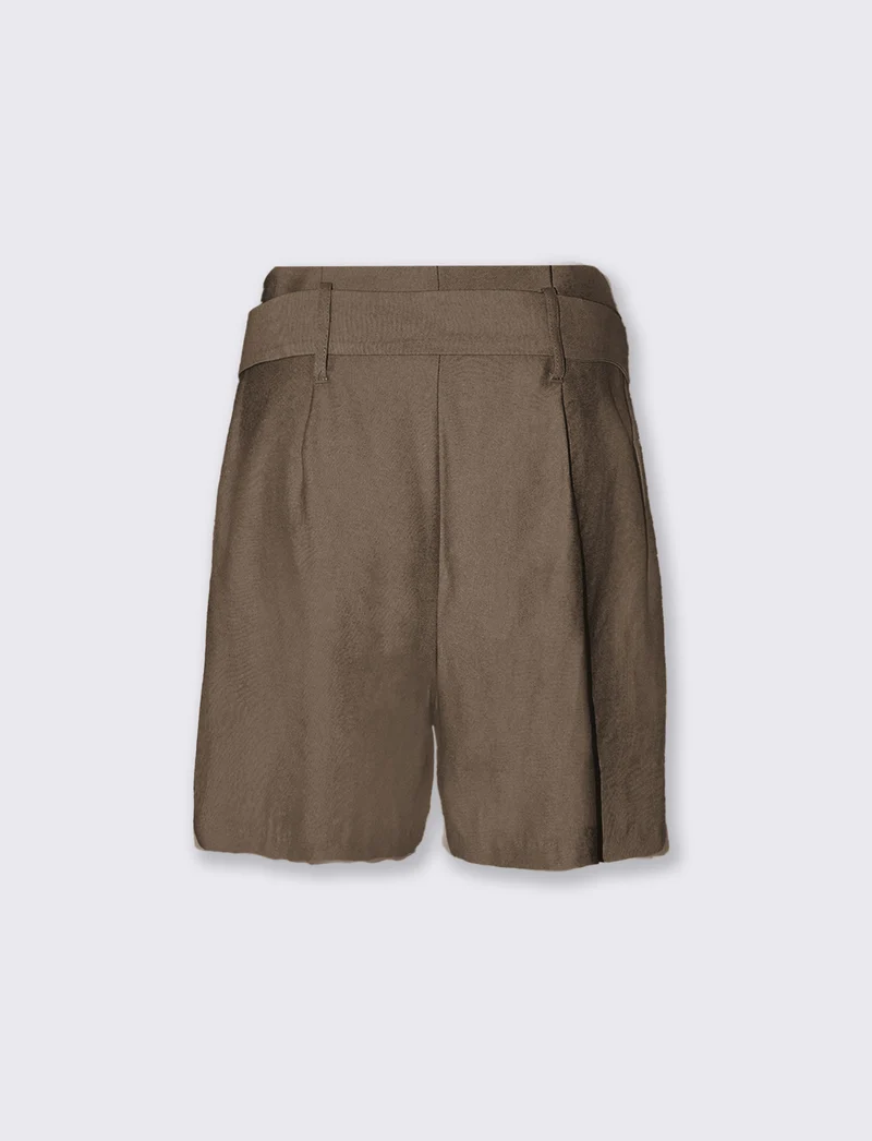 Pantaloncini in tessuto con pinches e cintura - Grigio fango