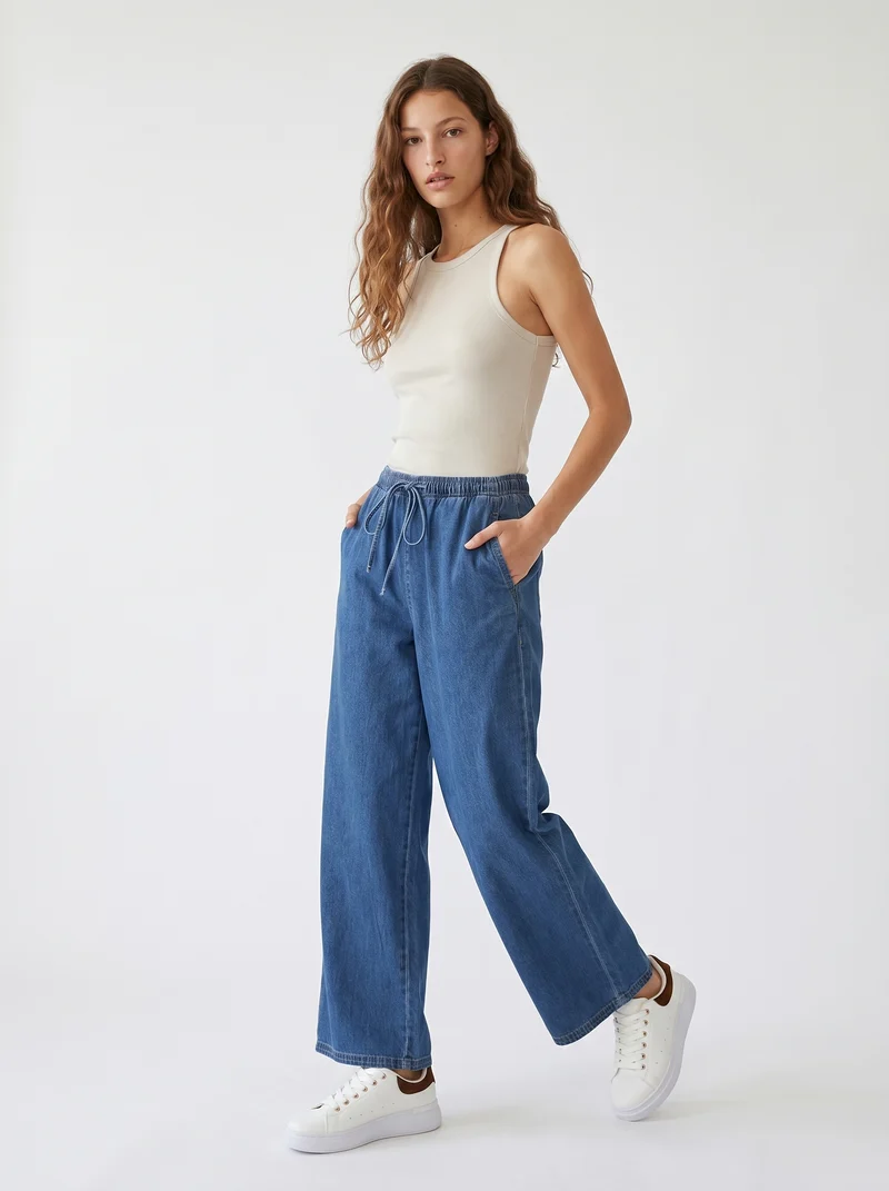 Pantalone jogger wide leg con tasche - Denim