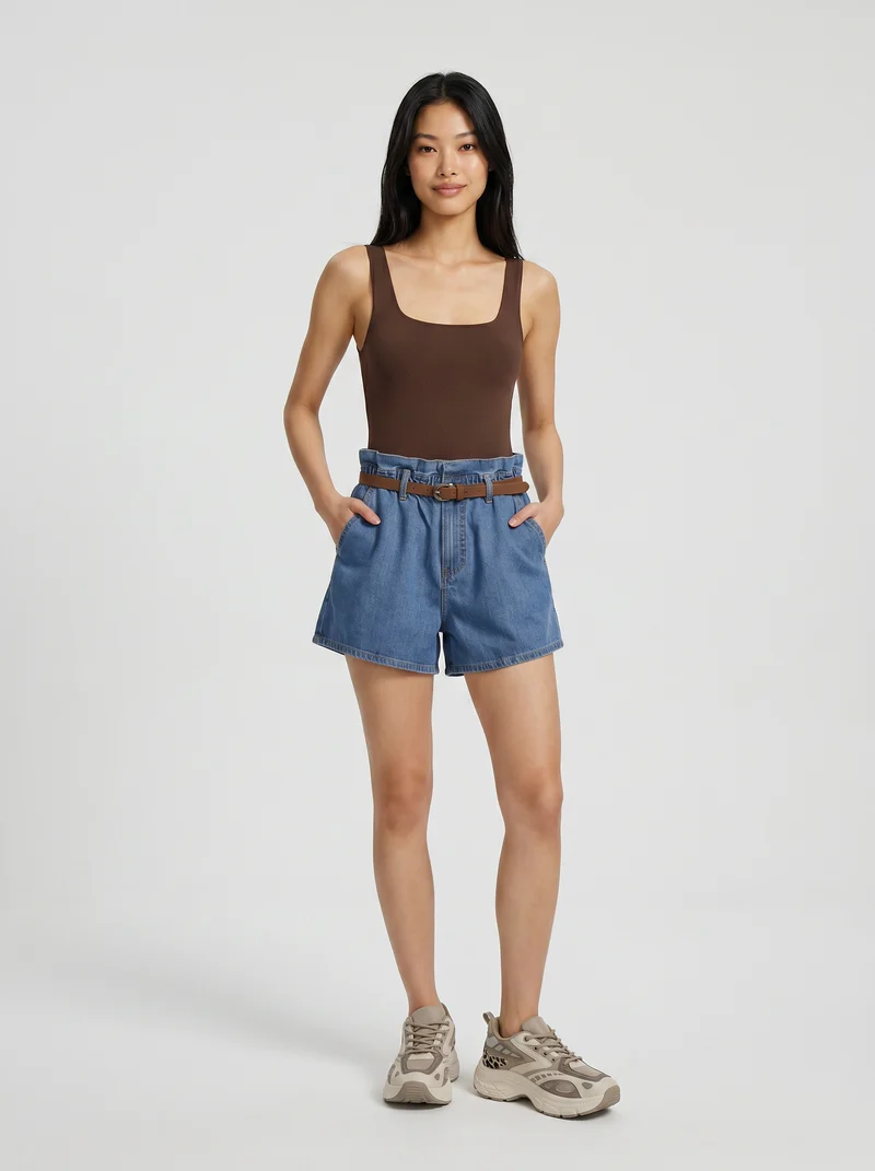 Short con rouches e cintura abbinata - Denim