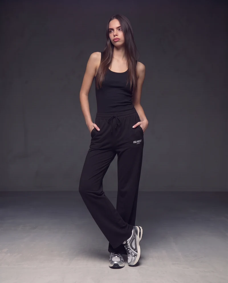 Pantaloni tuta dritti con coulisse e stampa - Nero