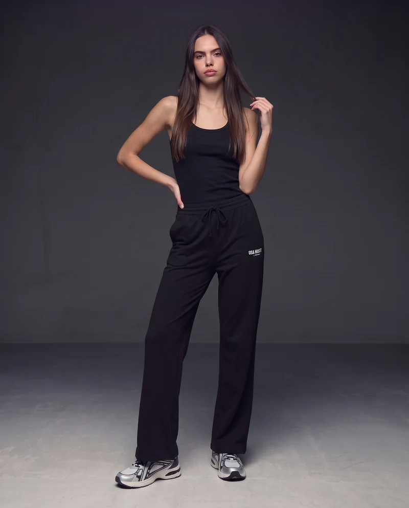 Pantaloni tuta dritti con coulisse e stampa - Nero