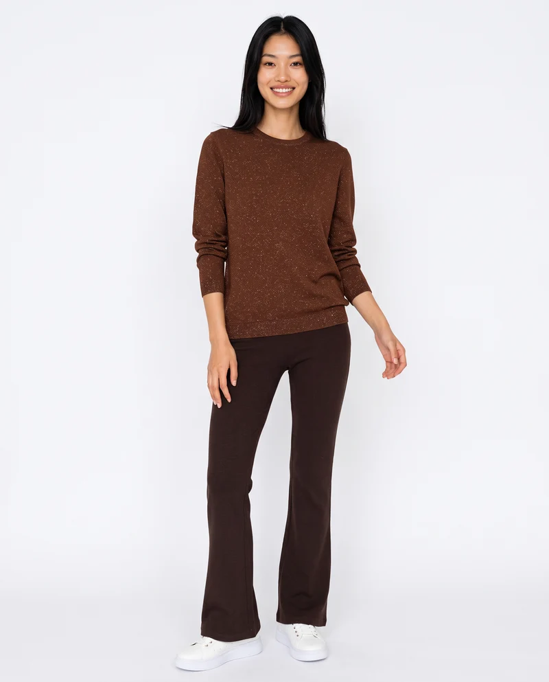 Maglia manica lunga lurex con collo paricollo - Marrone cioccolato