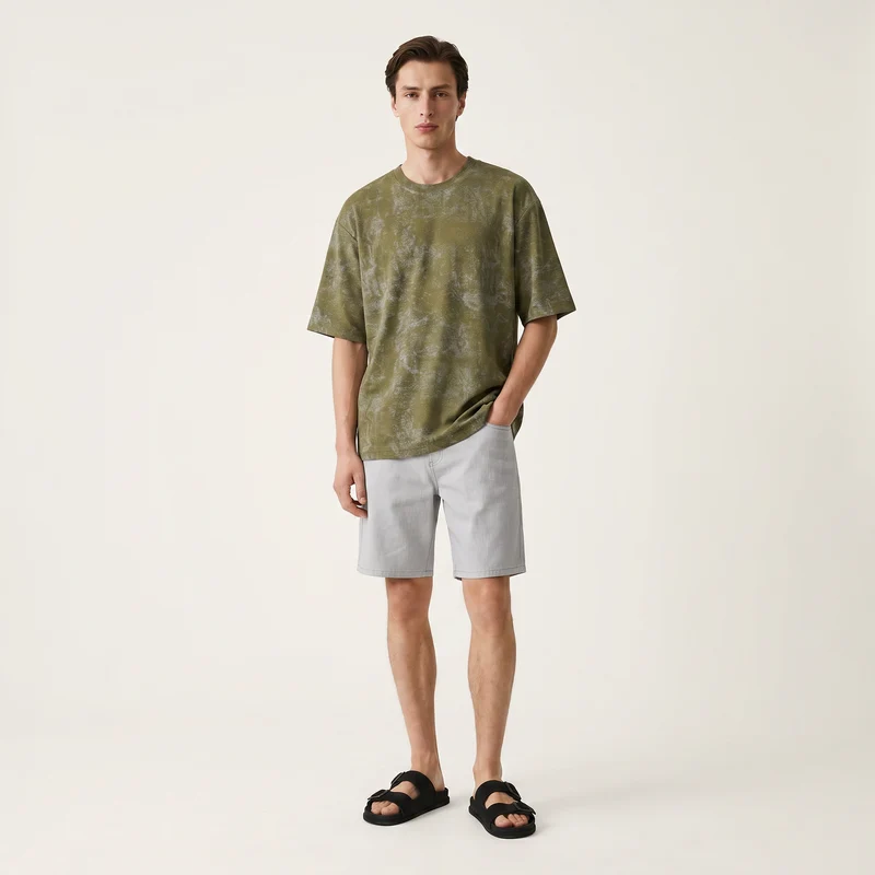 T-shirt cotone con stampa astratta all over - Verde oliva