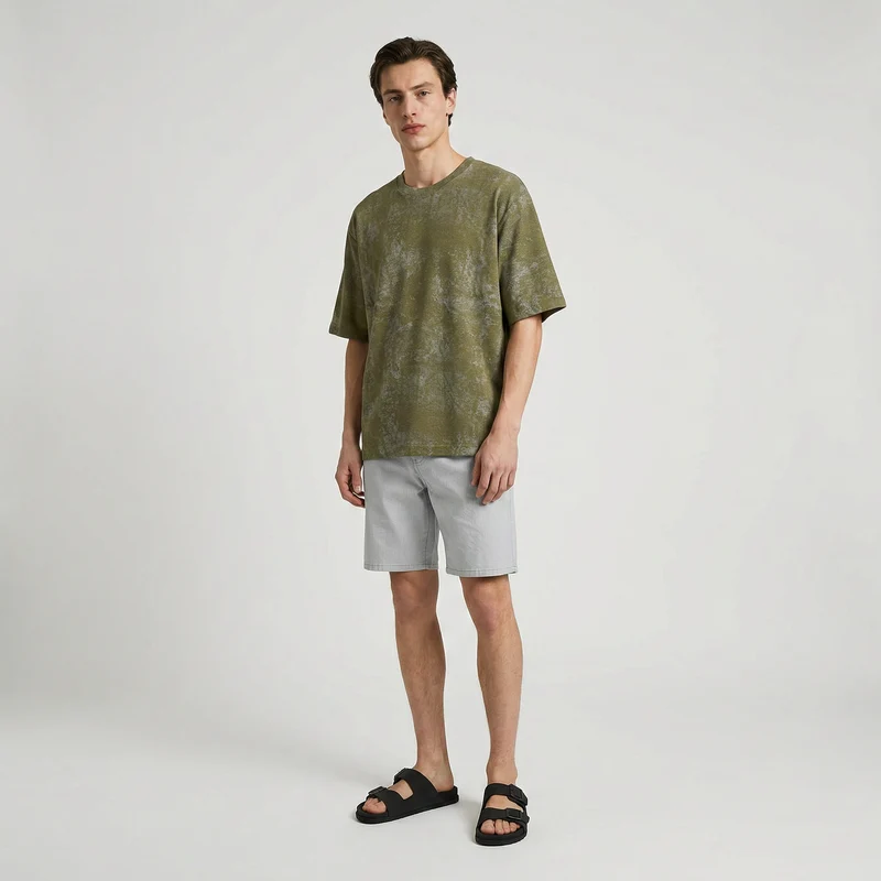 T-shirt cotone con stampa astratta all over - Verde oliva