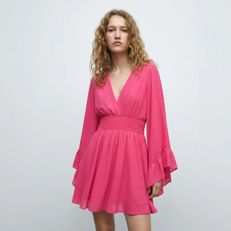 Abito Corto con Scollo a V e Vita Elastico - Fuxia azalea