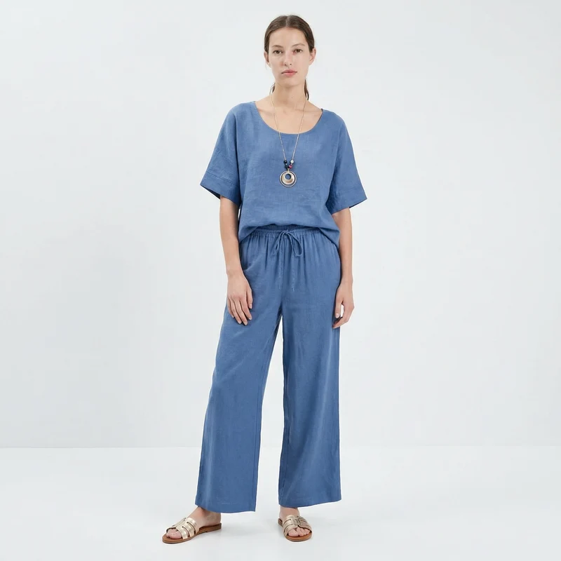 Blusa collo rotondo manica a tre quarti - Denim