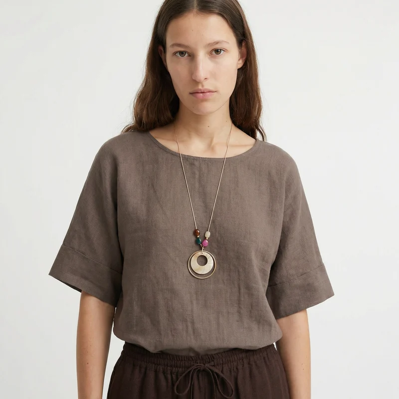 Blusa collo rotondo manica a tre quarti - Grigio fango