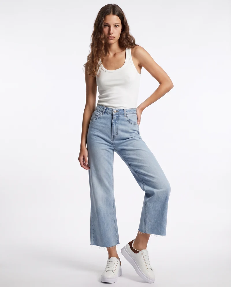 Jeans cropped flare a vita alta cinque tasche - Denim