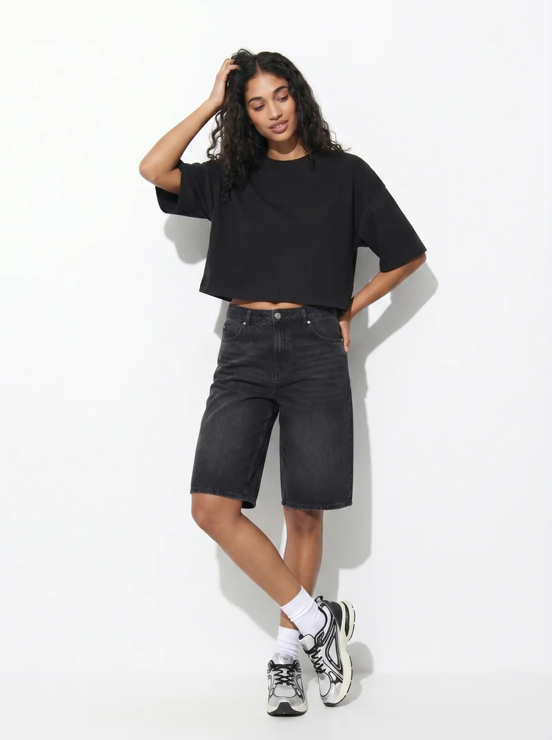 Bermuda denim wide leg vita media - Nero