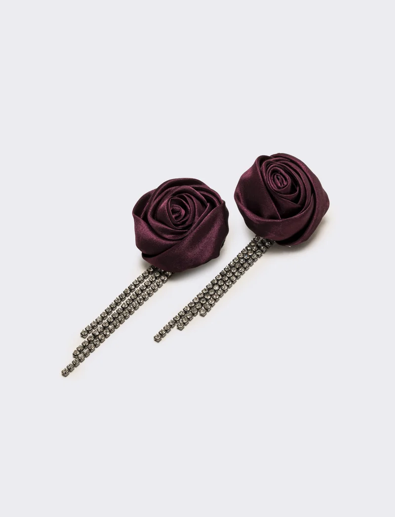 Orecchino con rosa in tessuto e strass - Viola
