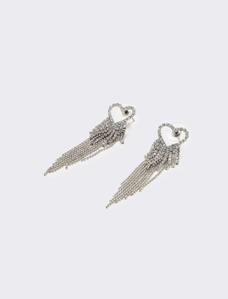 Orecchino pendente con cuore strass - Argento