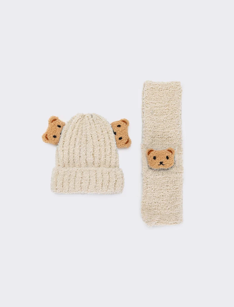 Set neonato cappello, sciarpa e cravatta con orsetto - Beige
