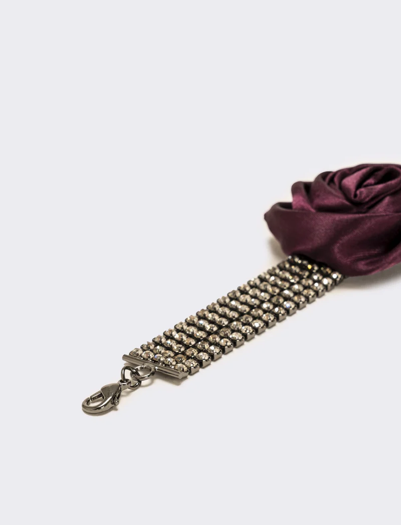 Bracciale strass e rosa in tessuto - Viola