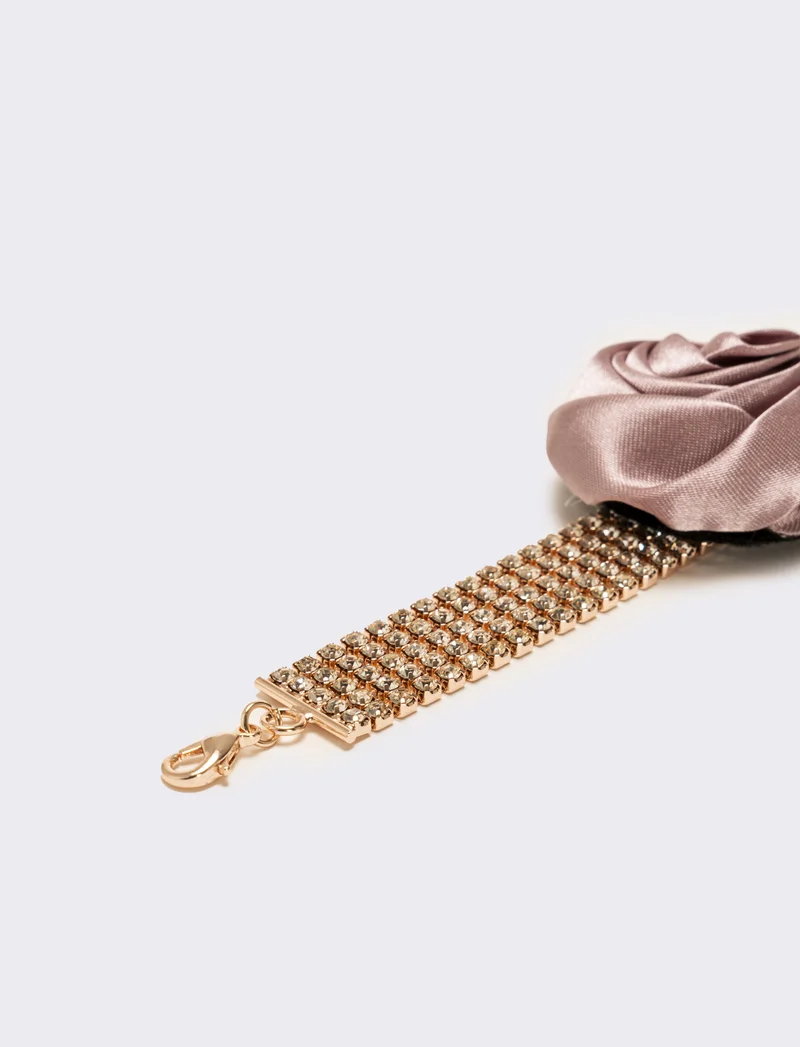 Bracciale strass e rosa in tessuto - Rosa