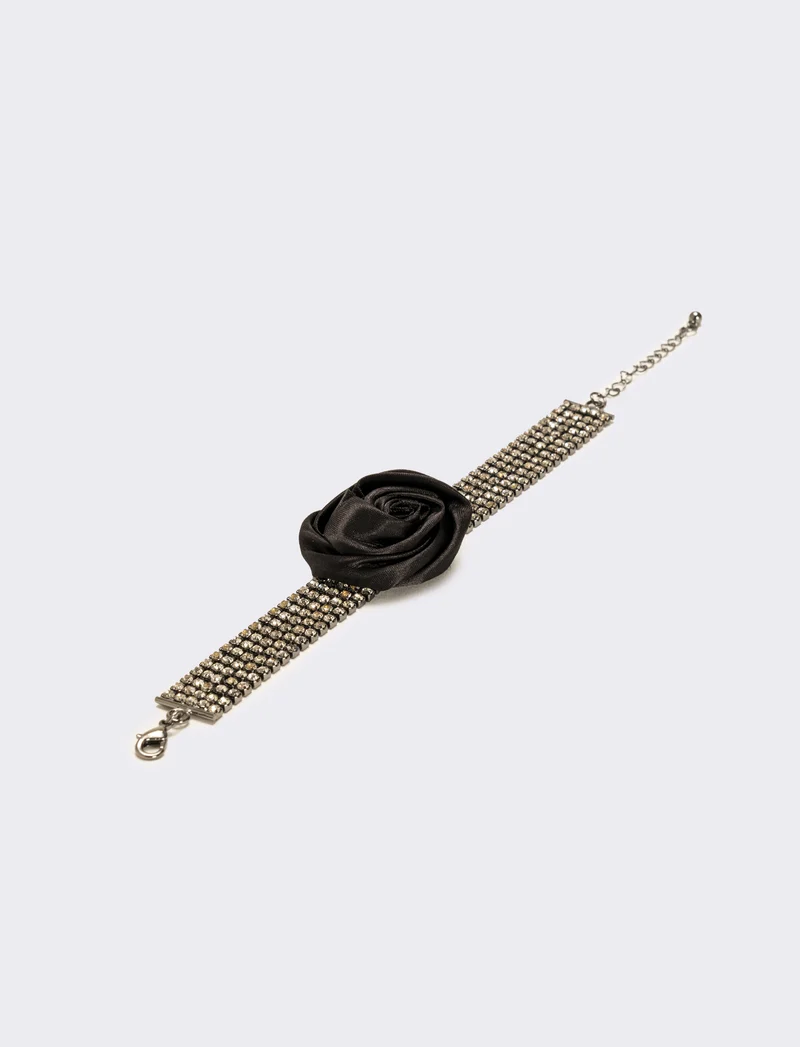 Bracciale strass e rosa in tessuto - Nero