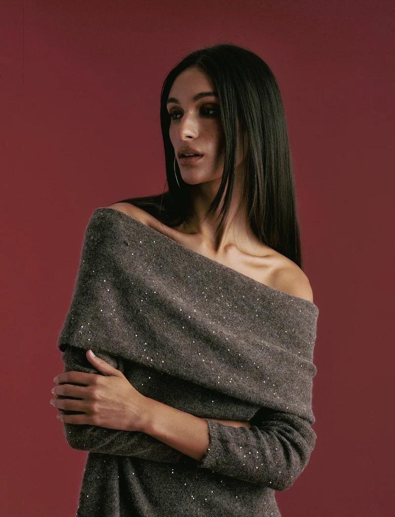 VESTITO OFF SHOULDER - Grigio tortora