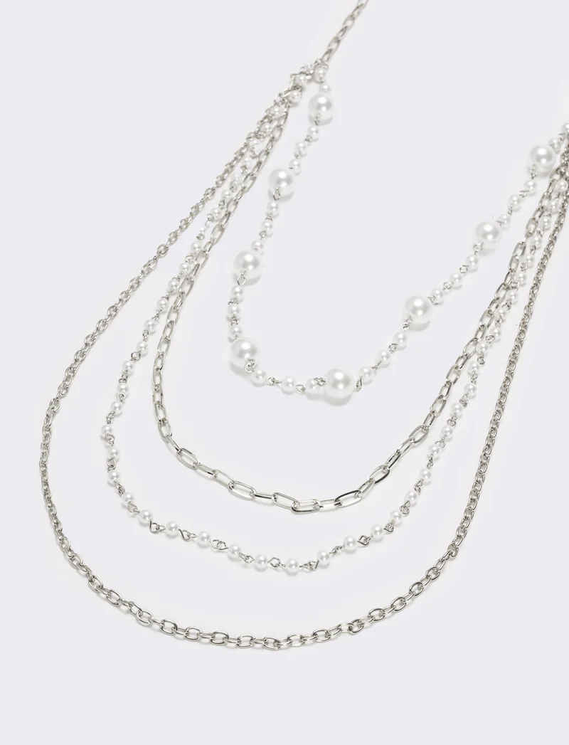 Collana con 4 catene e 2 fili di perle - Argento