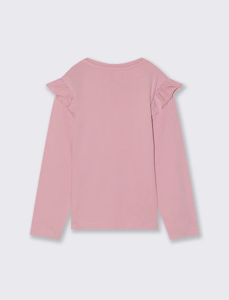 T-shirt da bambina manica lunga con stampa e paillettes. - Rosa