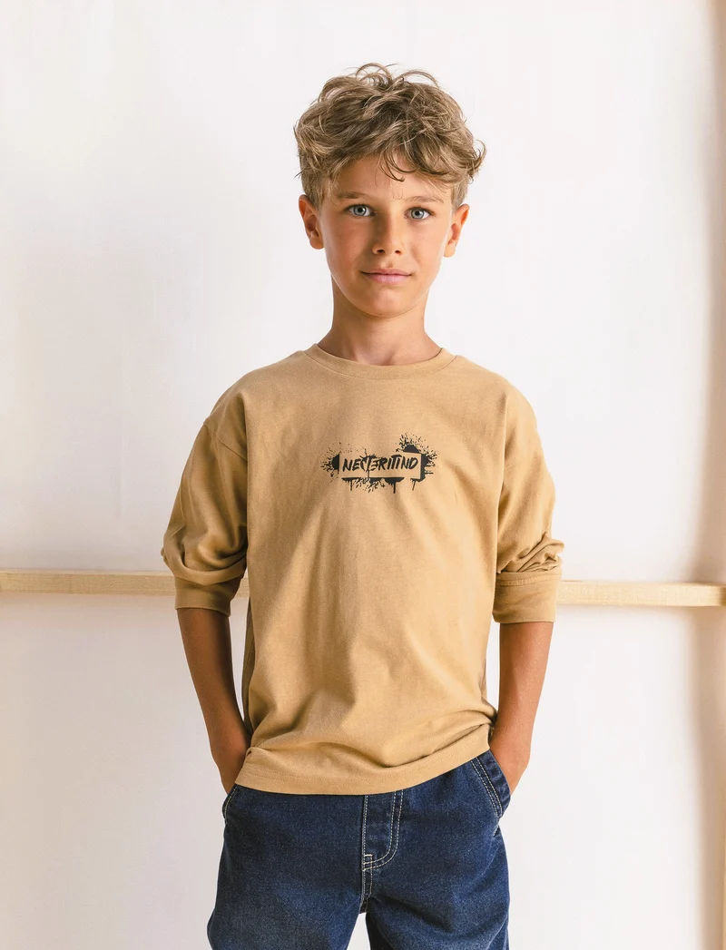 T-shirt maniche lunghe e polsini - Beige biscotto