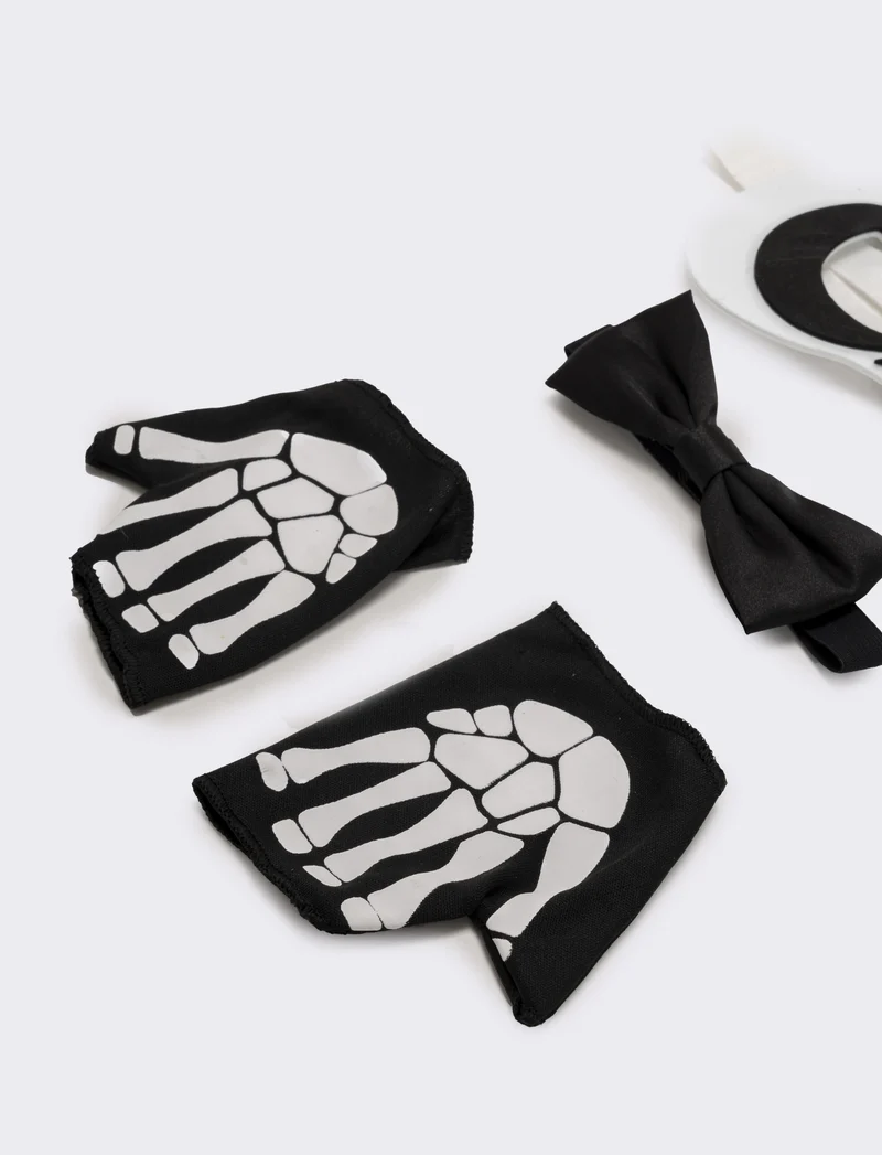 Set halloween bambino mascherina,guanto e papillon con teschio - Bianco-nero