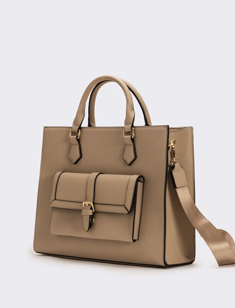 Borsa con tasca grande e tracolla in saffiano donna - Beige