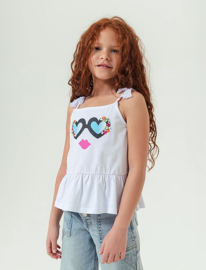 Top in jersey con stampa e pietre da bambina - Bianco