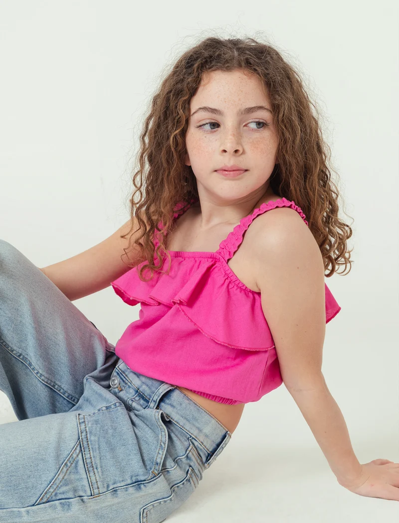 Top cropped in misto lino da bambina - Fuxia