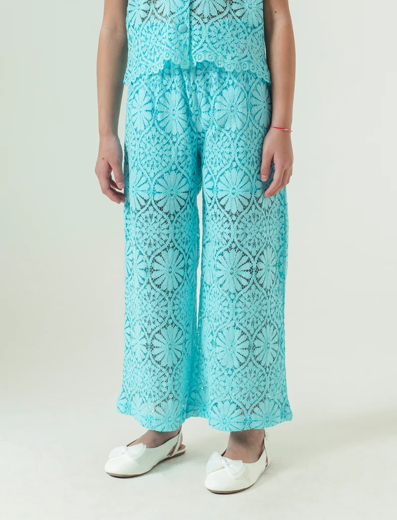 Pantalone in pizzo macramè da bambina - Verde acqua