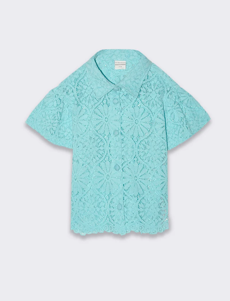 Camicia in pizzo macramè da bambina - Verde acqua