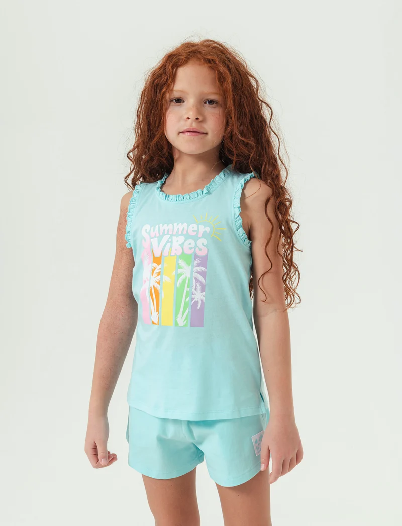 Canotta in cotone piccole rouches da bambina - Verde acqua