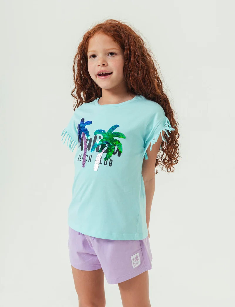 T-shirt con stampa e paillettes da bambina - Verde acqua
