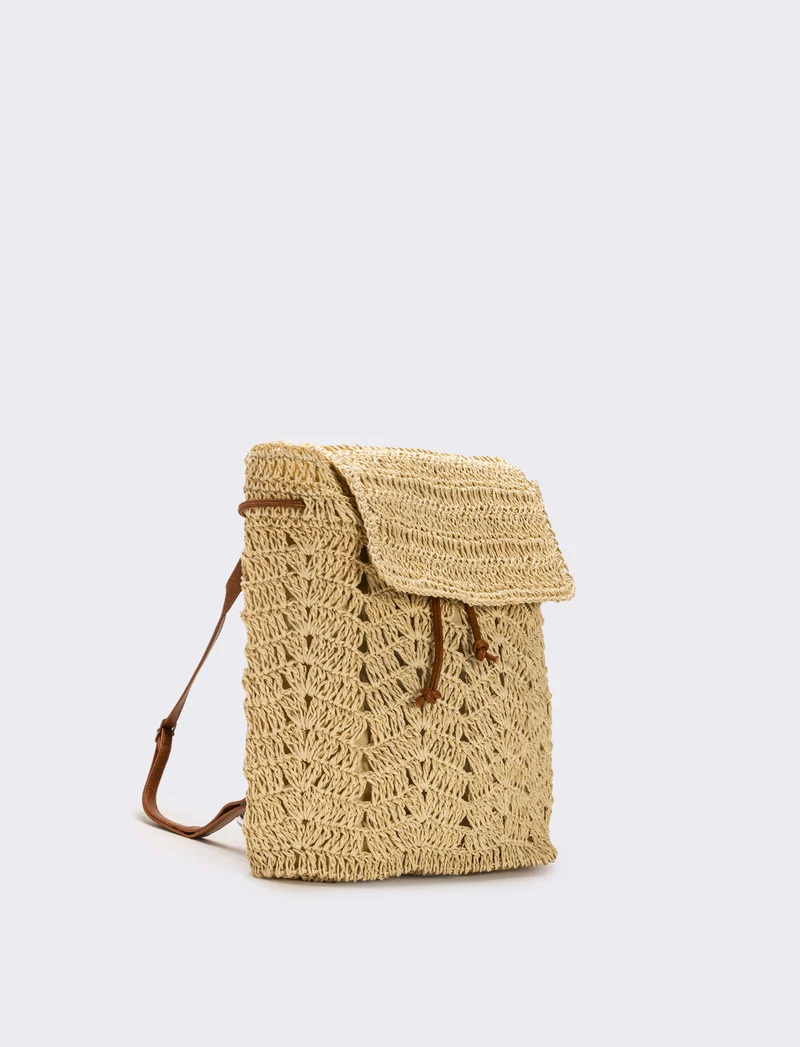 Zaino donna in raffia con patta - Beige