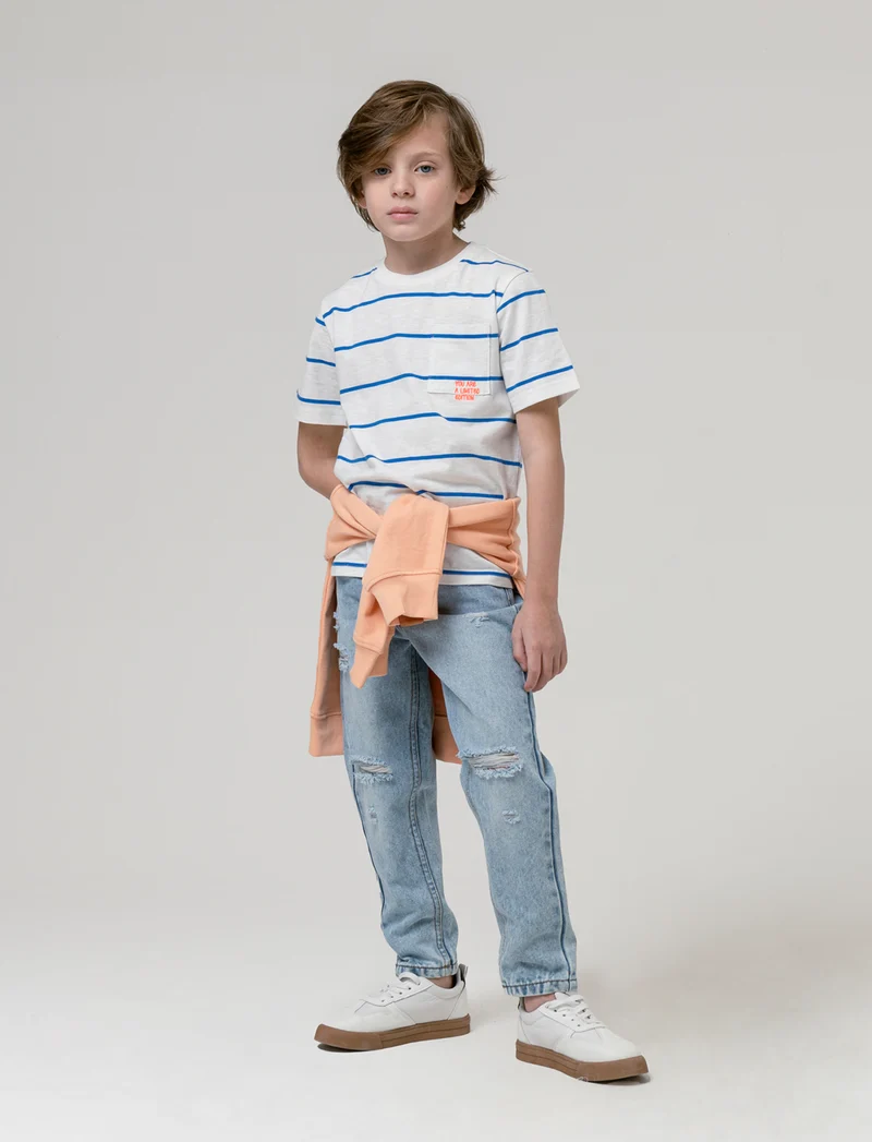 T-shirt rogato blu da bambino - Righe