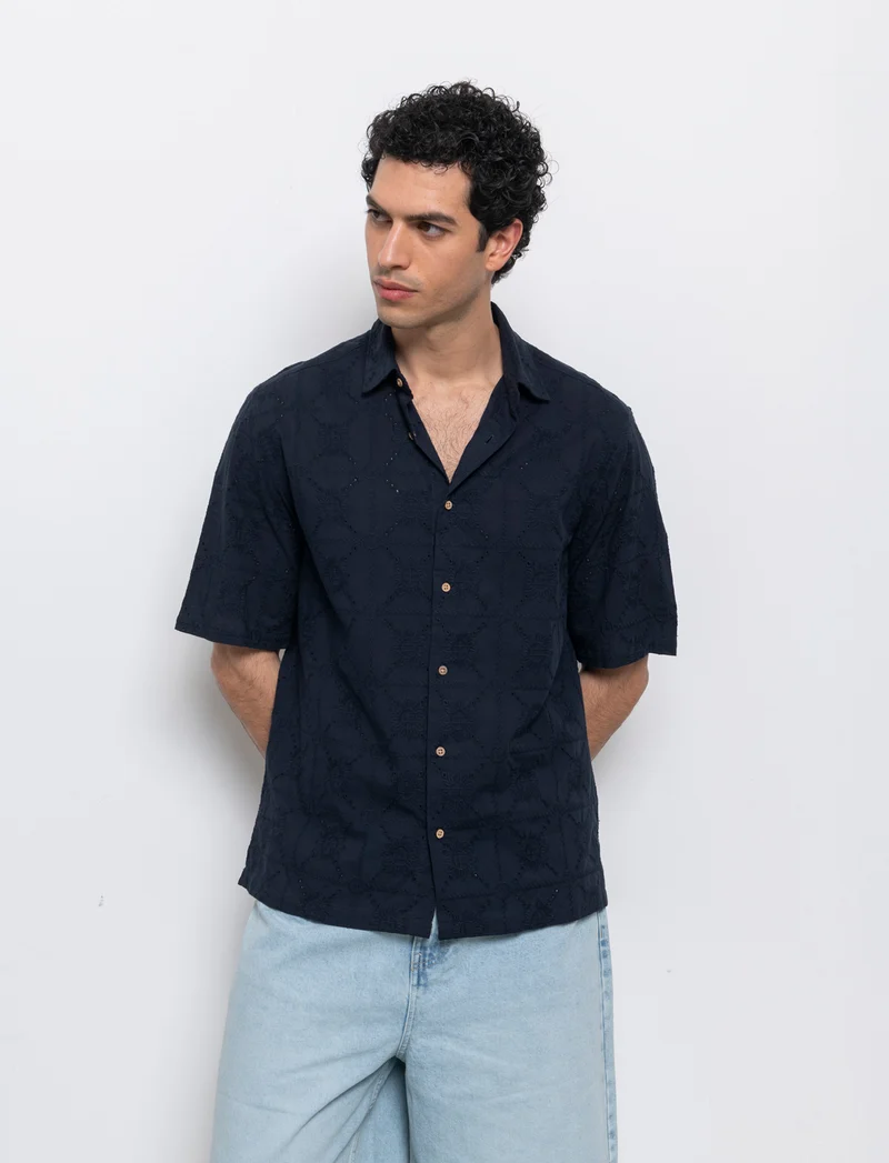 Camicia fantasia ricamata da uomo - Blu