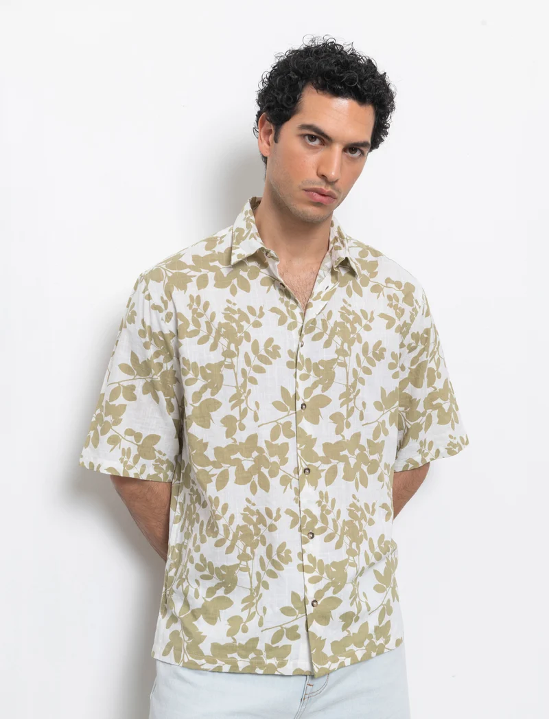 Camicia a fantasia in misto cotone slub da uomo - Bianco