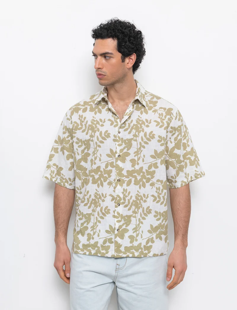 Camicia a fantasia in misto cotone slub da uomo - Bianco