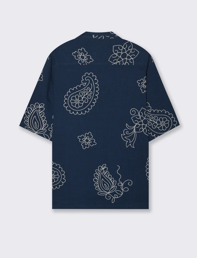 Camicia a fantasia in misto cotone slub da uomo - Blu