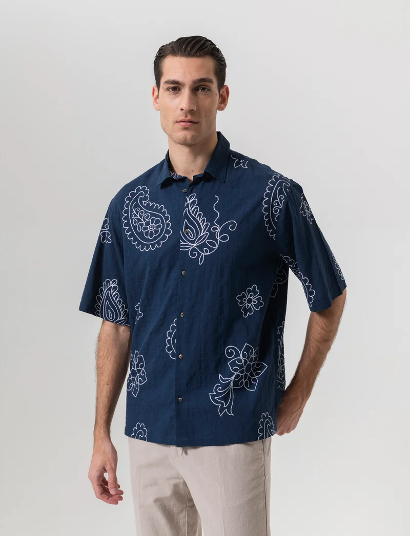 Camicia a fantasia in misto cotone slub da uomo - Blu