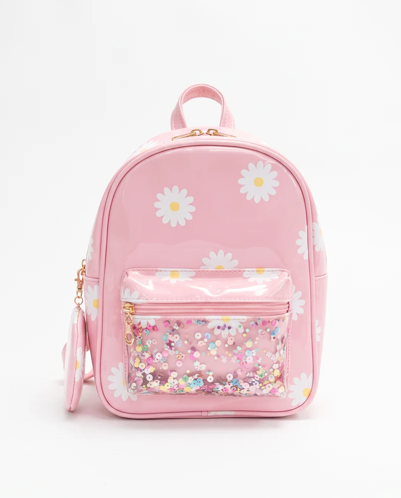 Zainetto bambina margherite plastificato con tasche - Rosa