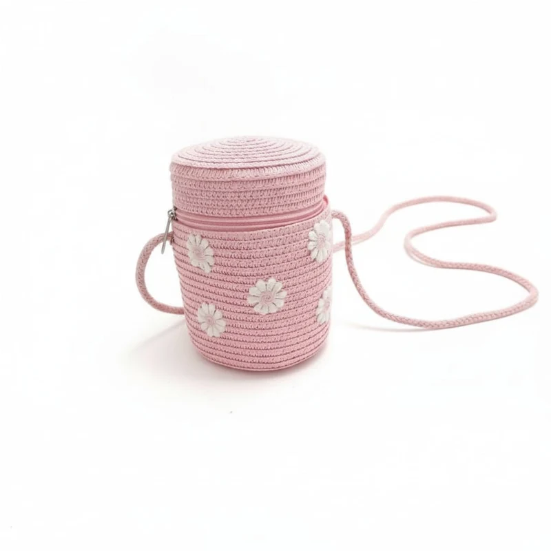 Secchiello bambina con margherite in paglia - Rosa