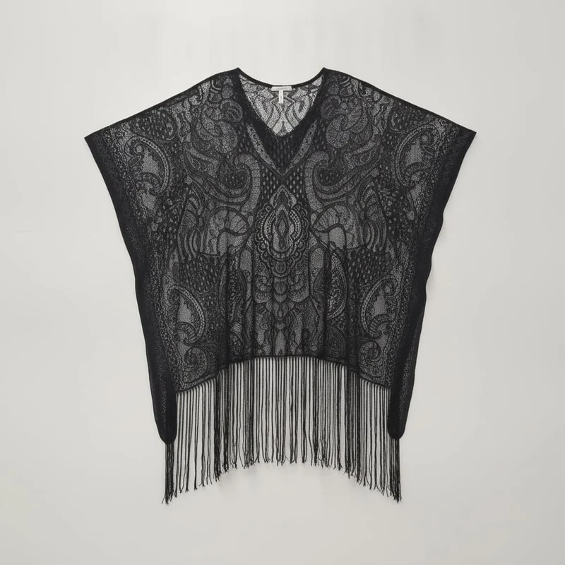 Copricostume di pizzo con frange - Nero