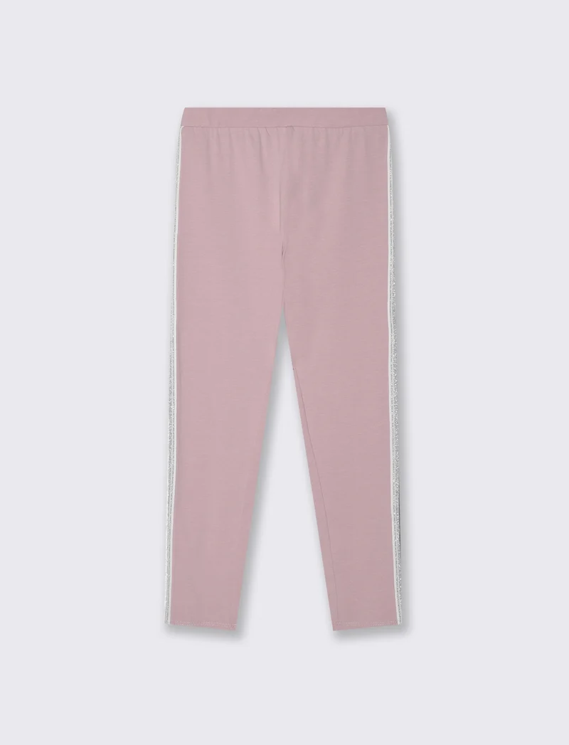 Leggings in cotone con banda lurex laterale - Rosa polvere