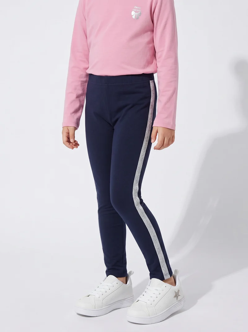 Leggings in cotone con banda lurex laterale - Blu