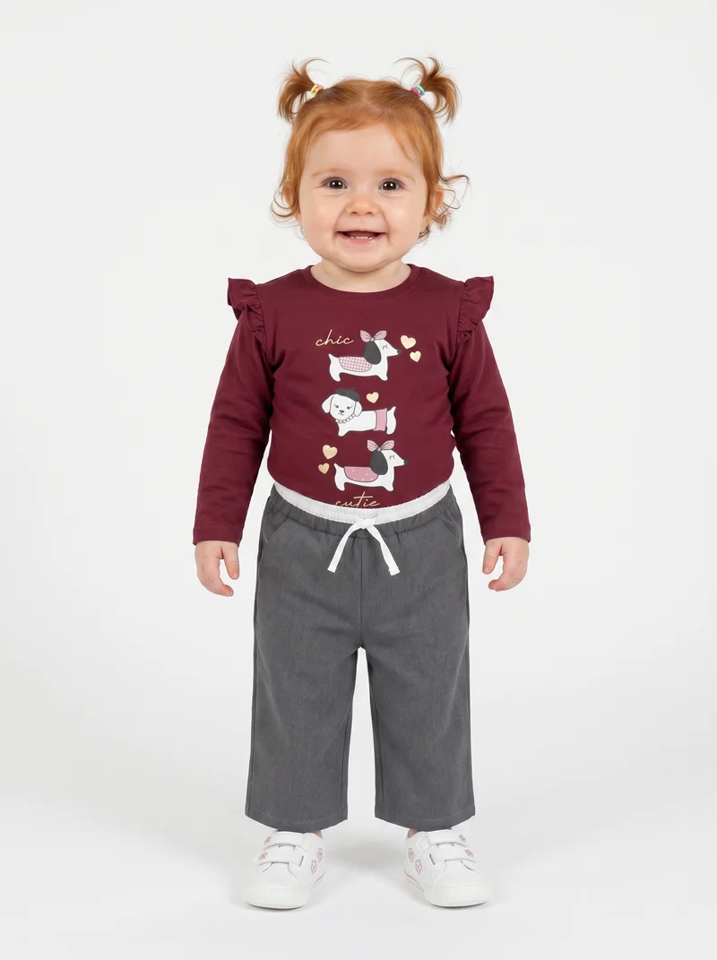 T-shirt a manica lunga con volant e stampa - Bordeaux