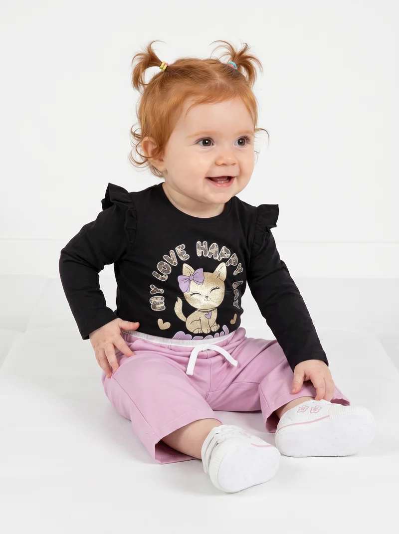 T-shirt a manica lunga con volant e stampa - Nero