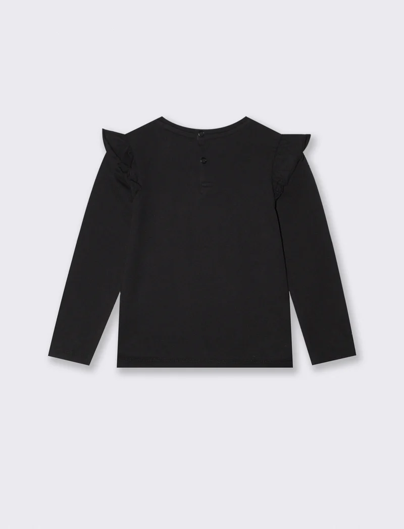 T-shirt a manica lunga con volant e stampa - Nero