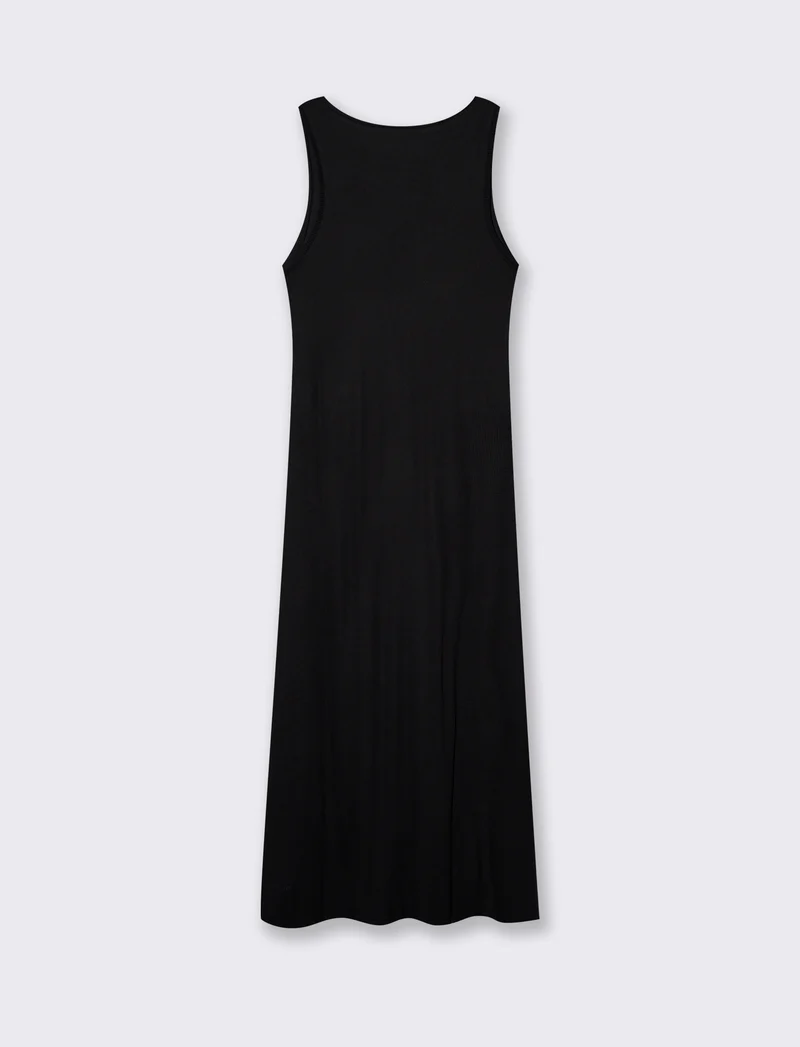 Vestito lungo a costine slim con scollo - Nero